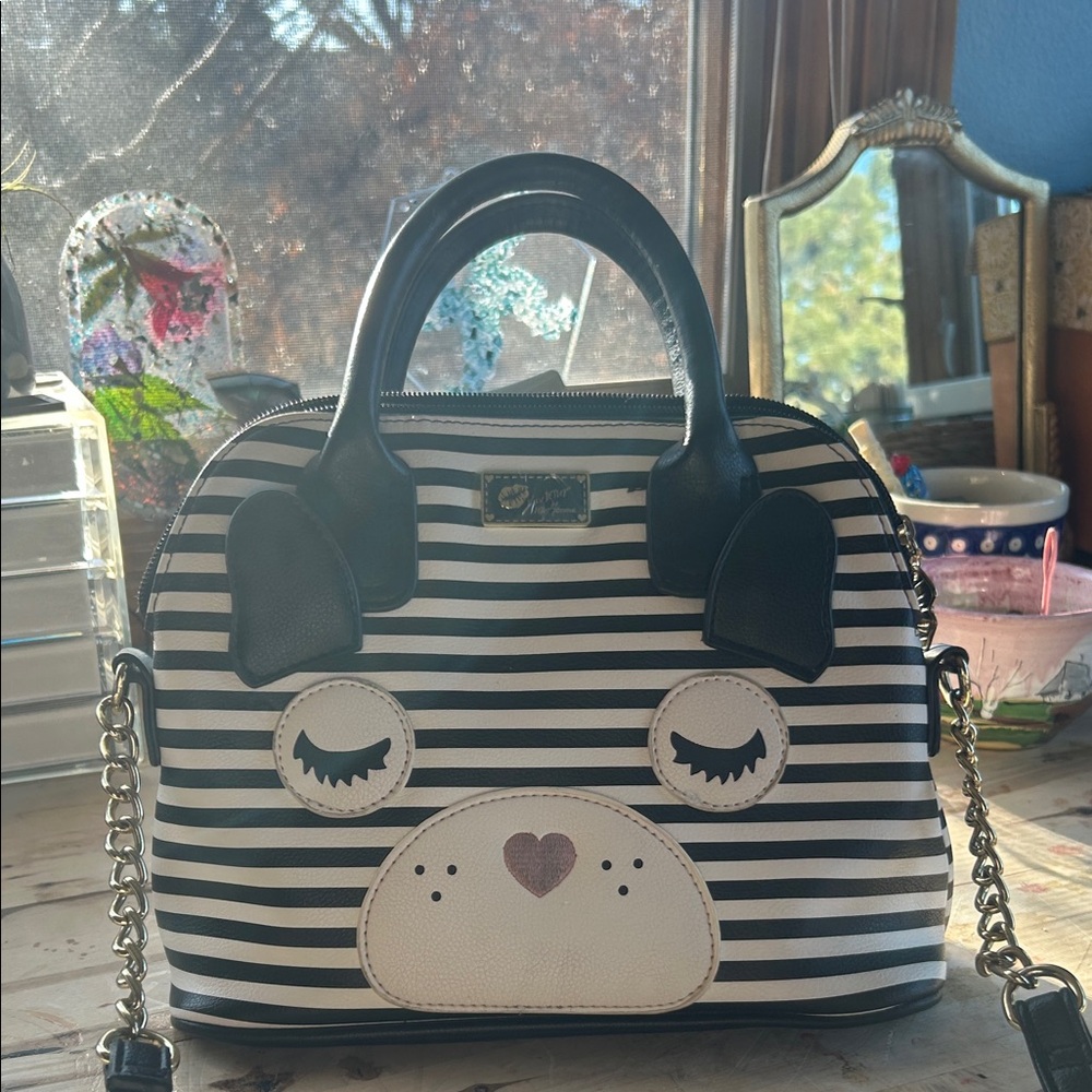 Betsey Johnson Black and White Striped Dog Face Bag